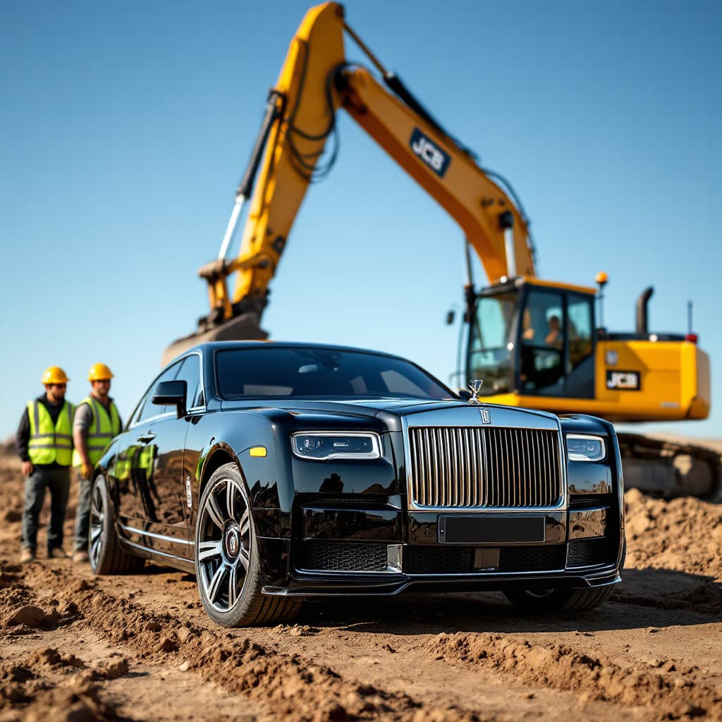 AI generated: A luxurious black Rolls-Royce parked on a construction site, with a large yellow excavator (JCB) ope...