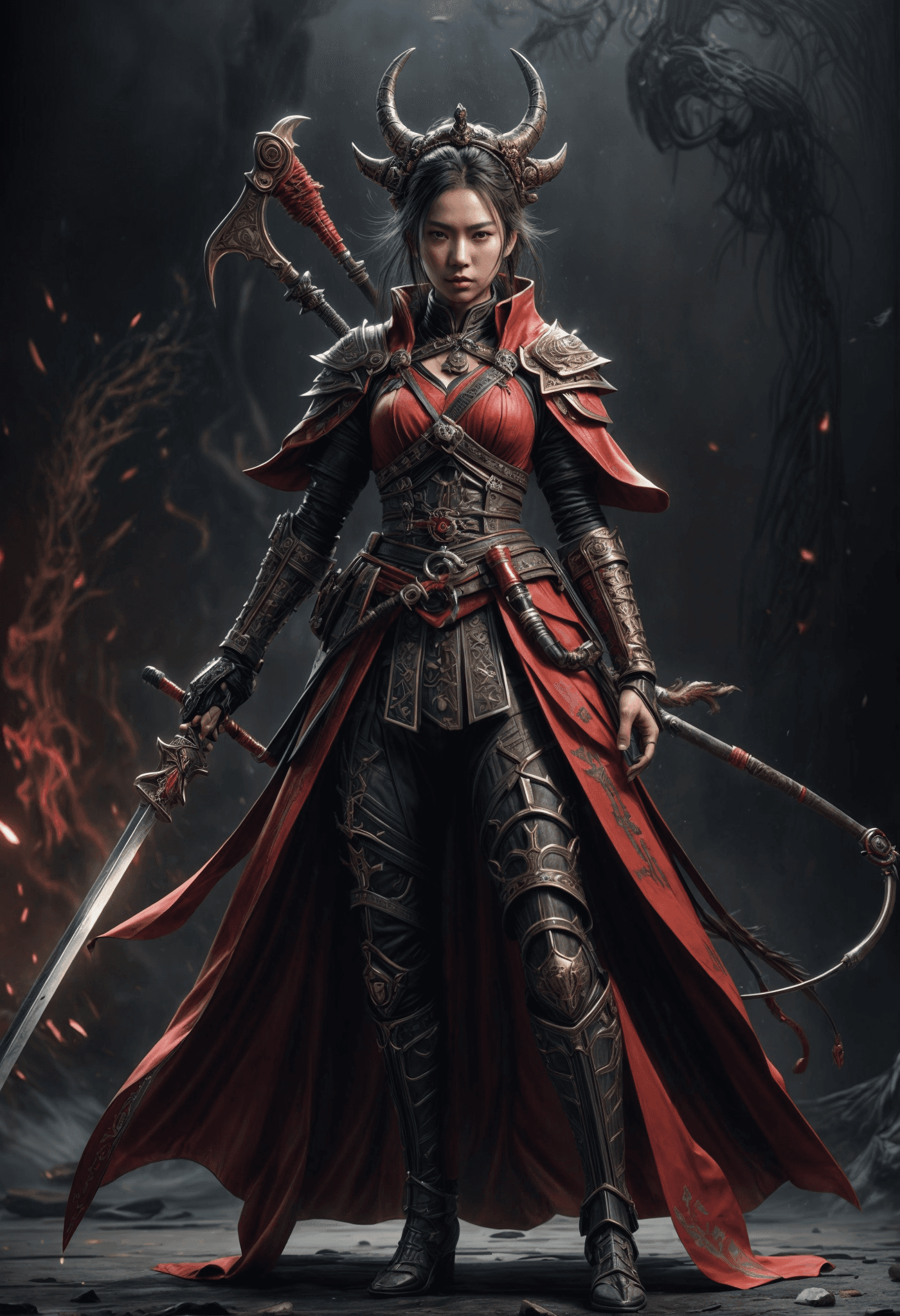 AI generated: 3D render hyper-realism, Ray tracing, unreal engine 5, A female samurai in full armor, wearing a red...