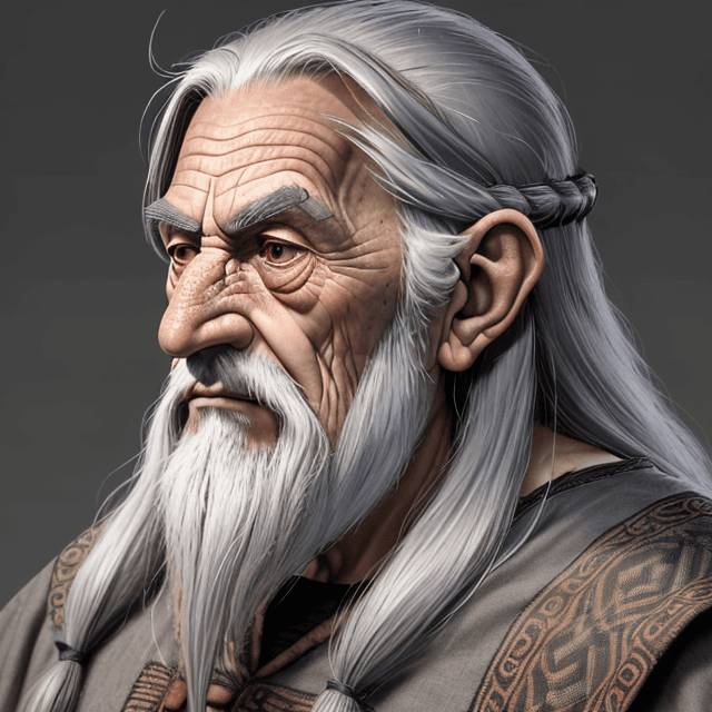 AI generated: frontal view of a face of a nice and wise old prehistoric man with long gray hair 8k
