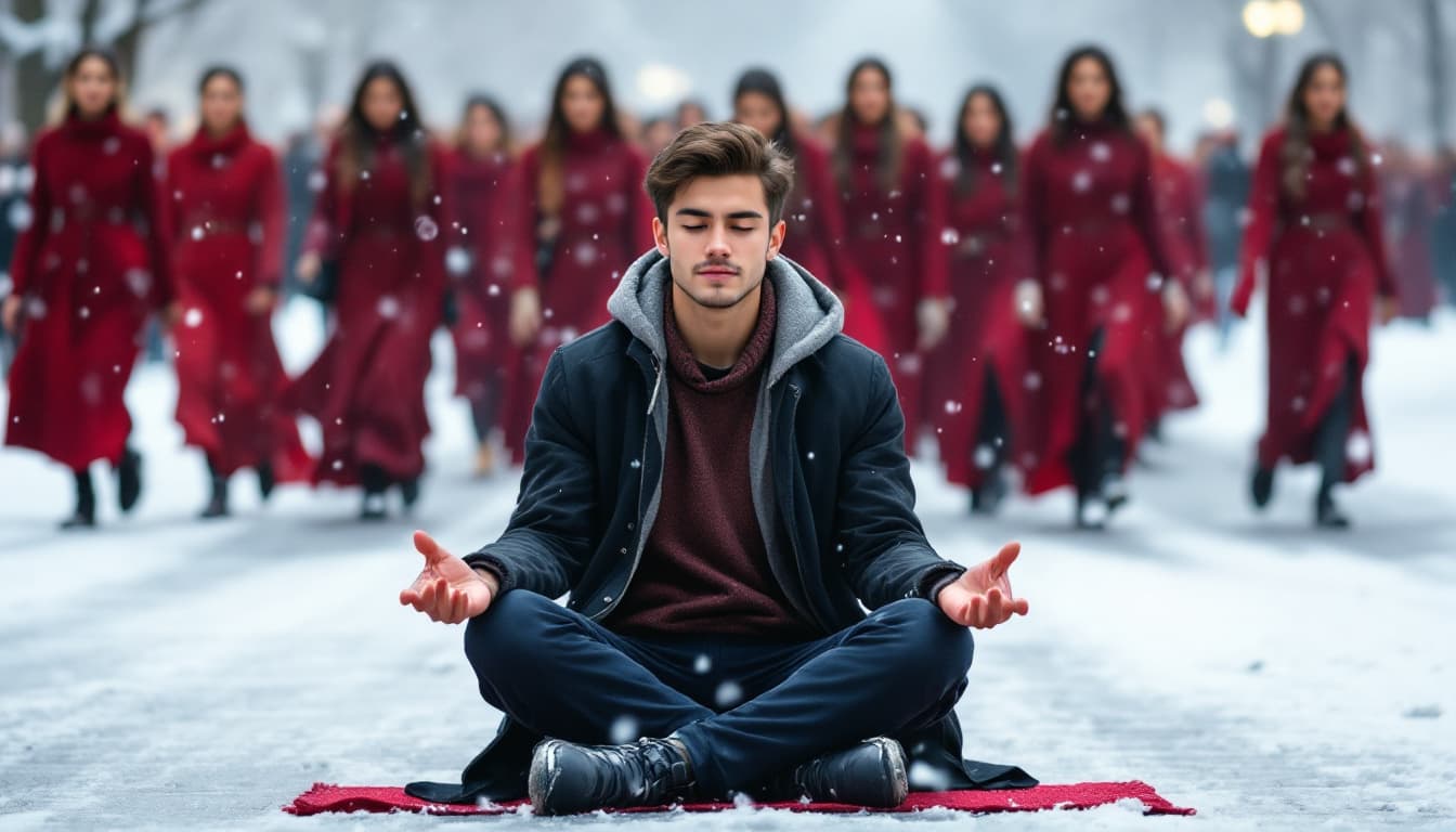 AI generated: A young man is sitting in a meditative pose. Many women in red dresses are passing by behind him. It...
