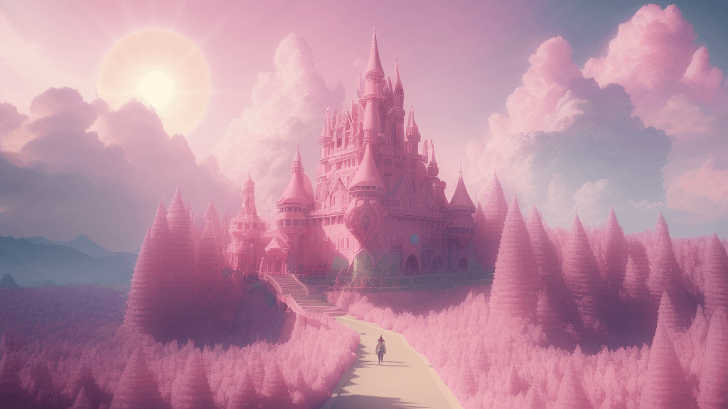 AI generated: a path to a dream crystal pink castle, clouds like Marshmallow, the image is like beautiful dream, p...