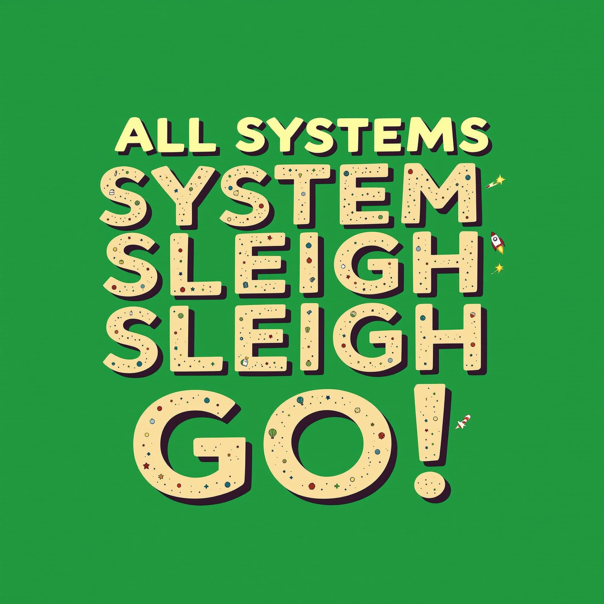 AI generated:  "All Systems Sleigh Go!"
Prompt:
A bold sci-fi font spelling "All Systems Sleigh Go!" with a tiny r...