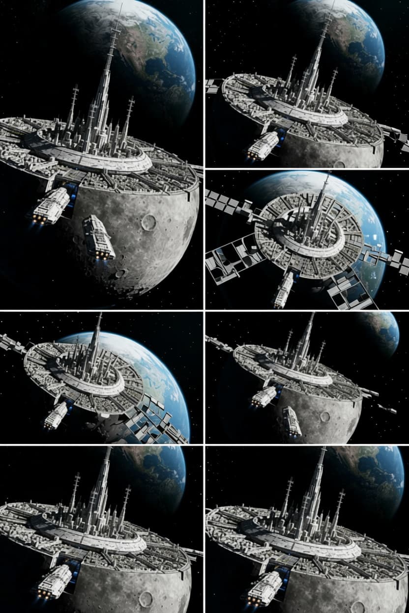 AI generated: Create a Sci-fi imagery. Show more orbital views, more orbital images, of this Moon Base orbiting Ea...