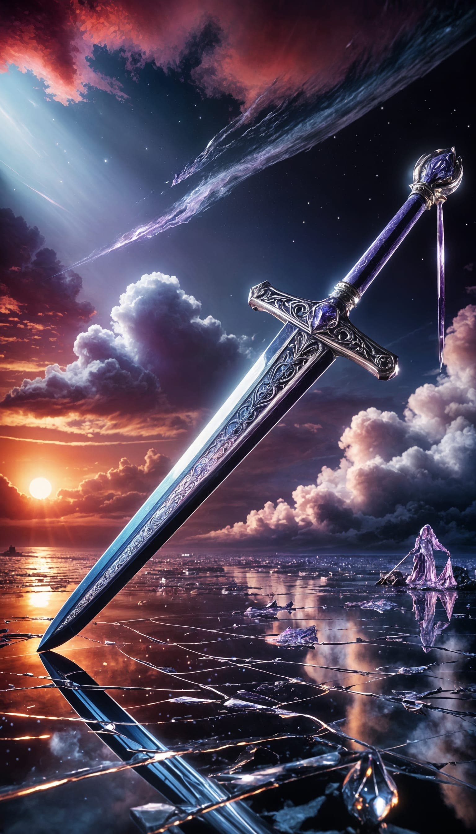 AI generated: A slender, long steel sword standing vertically with its polished blade gleaming under a delicate la...
