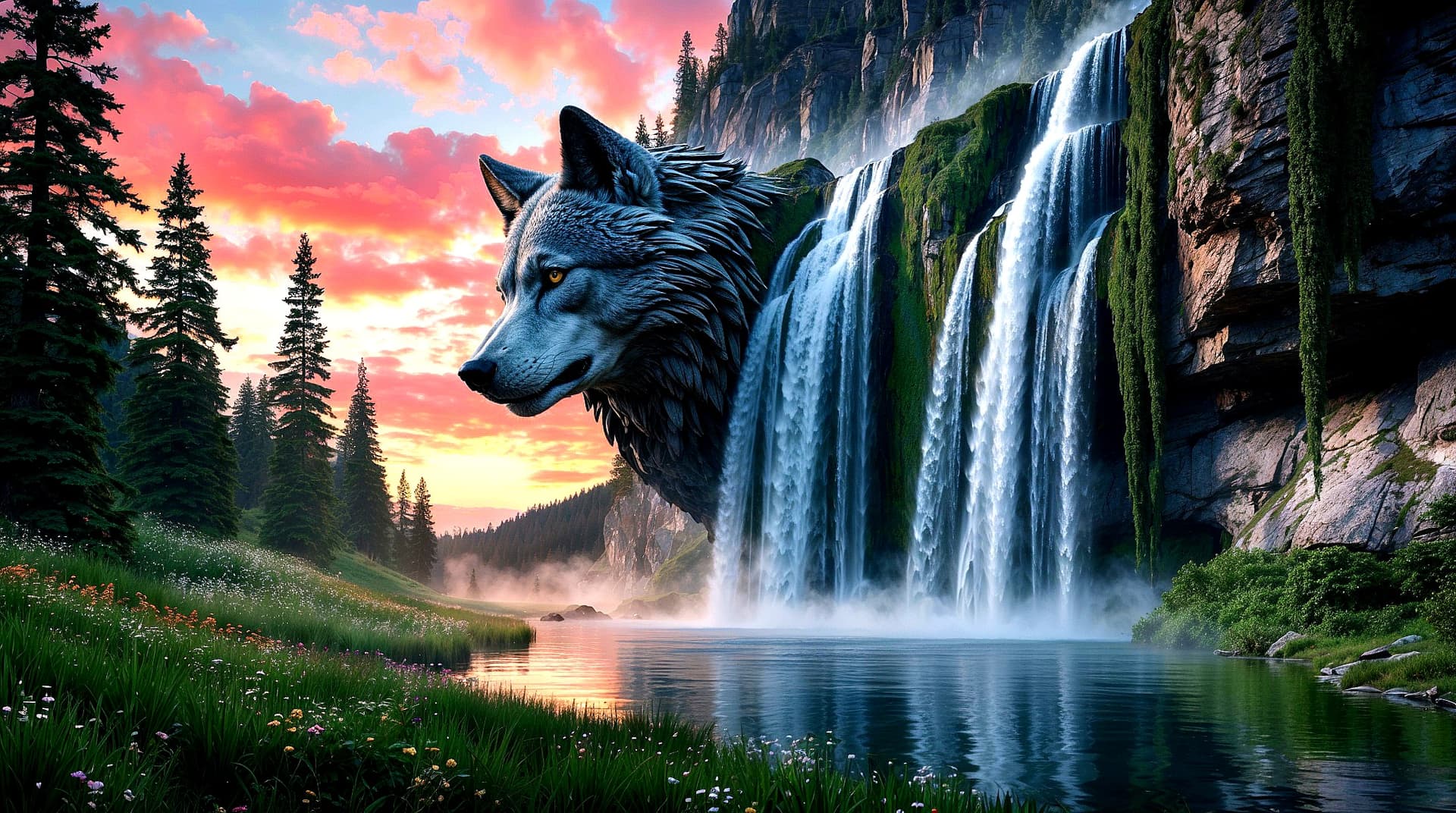 AI generated: A realistic,  wide angle photo of a giant, head of a wolf carved into the side of a mountain cliff, ...