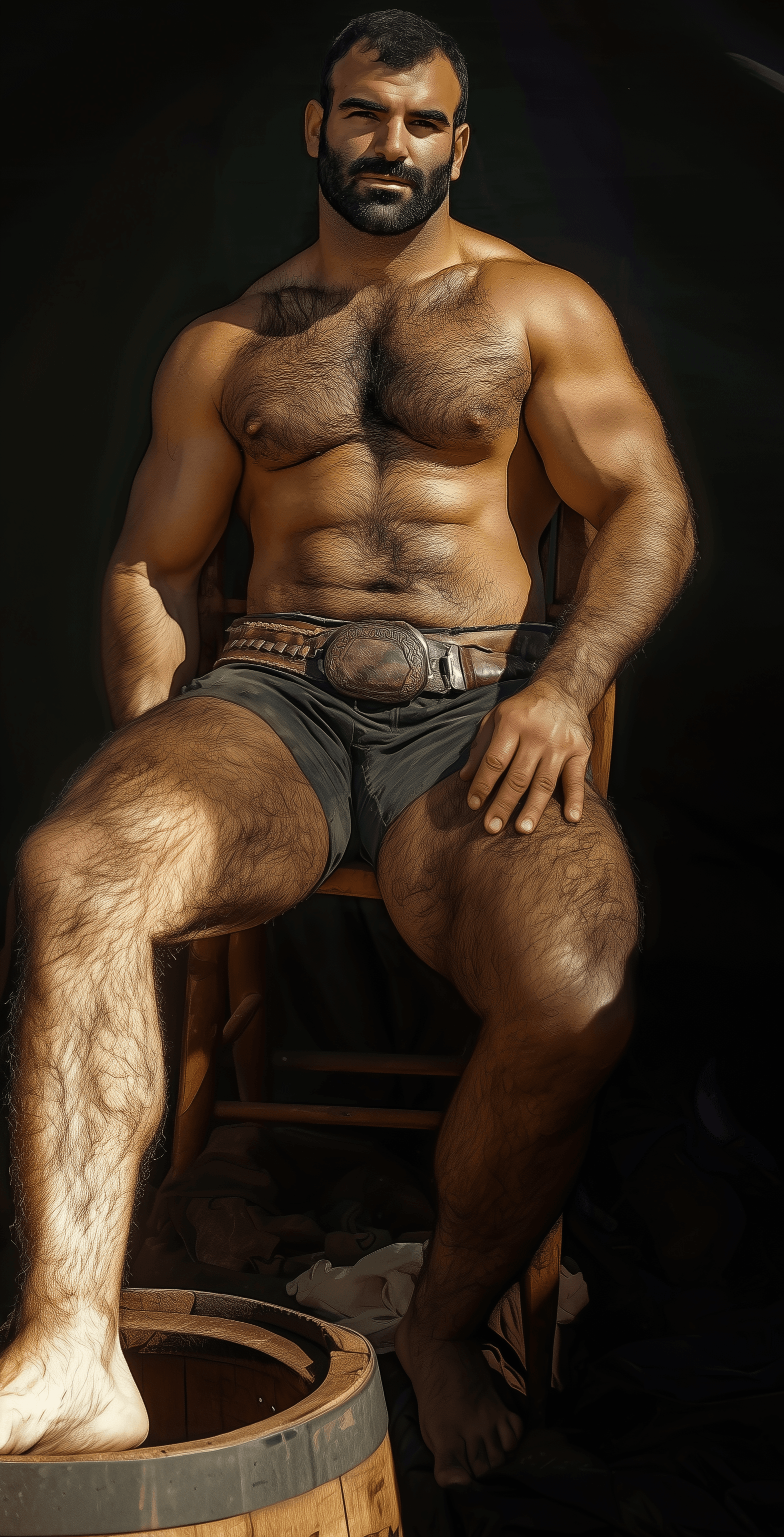 AI generated:  A cowboy , sitting in an old wooden chair, in the style of Frank Frazetta, with a dark green backgr...