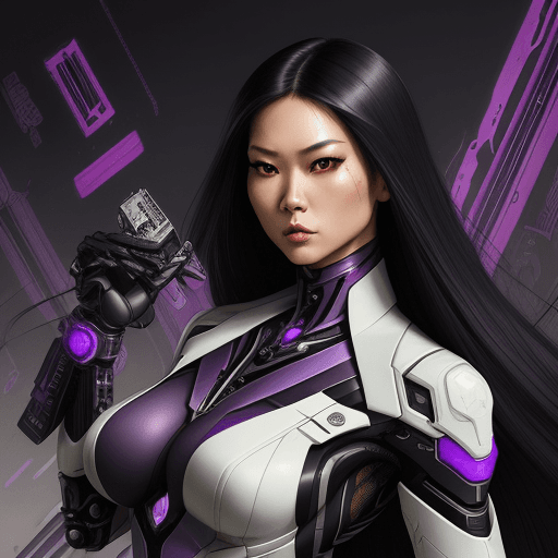 AI generated: half-asian, black with purple long hair, one cyberarm mechanical arm, executive, white business suit...
