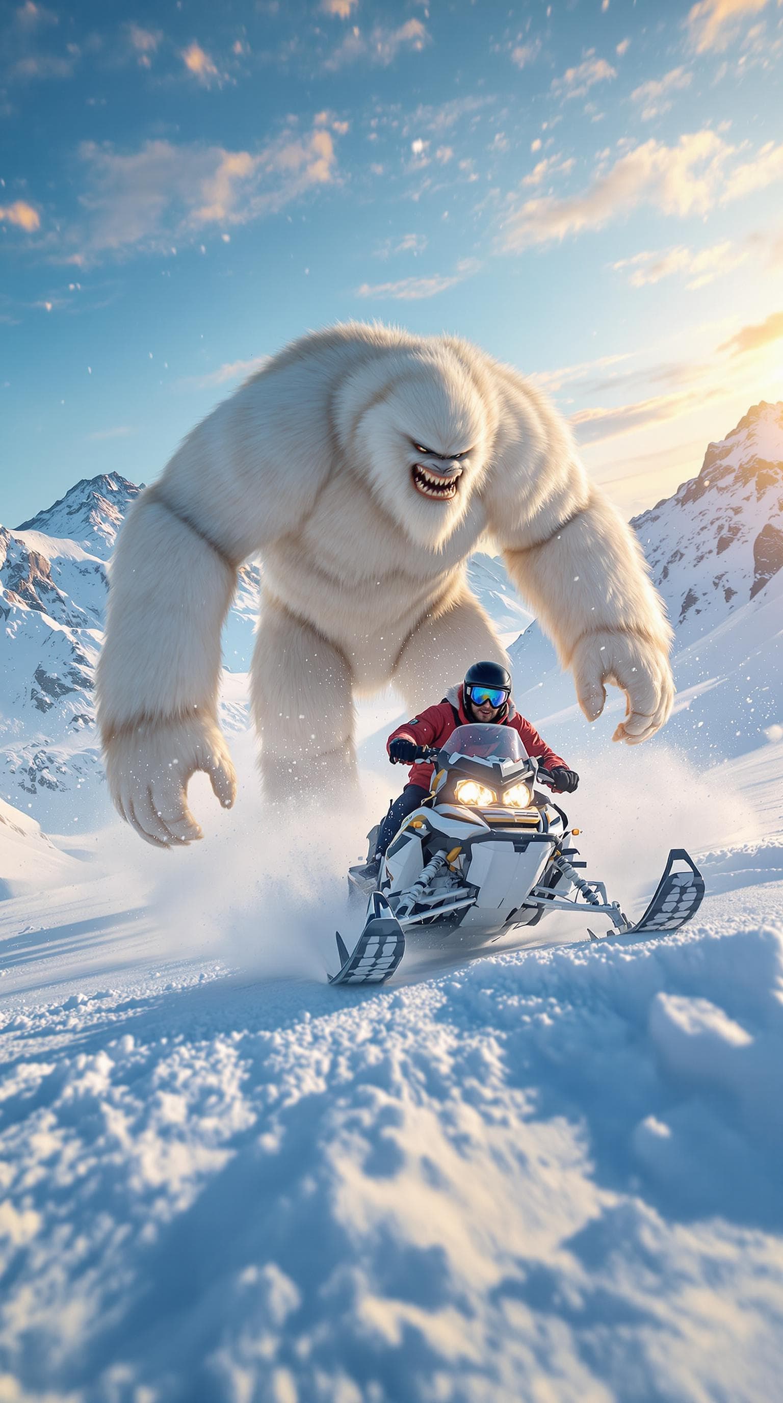 AI generated: a man on a snowmobile going down a snowy mountain and behind them a huge Yeti is chasing them in the...