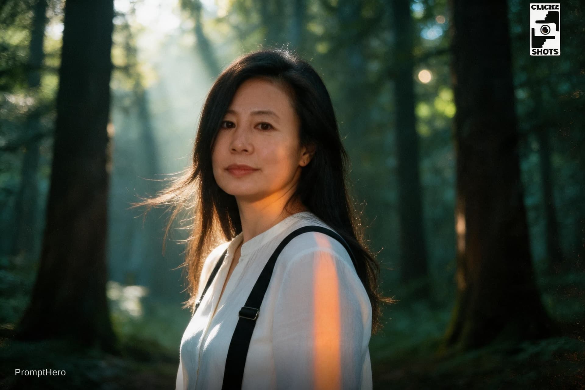 AI generated: A cinematic portrait of an Asian woman standing in a quiet forest, captured in a spontaneous moment ...