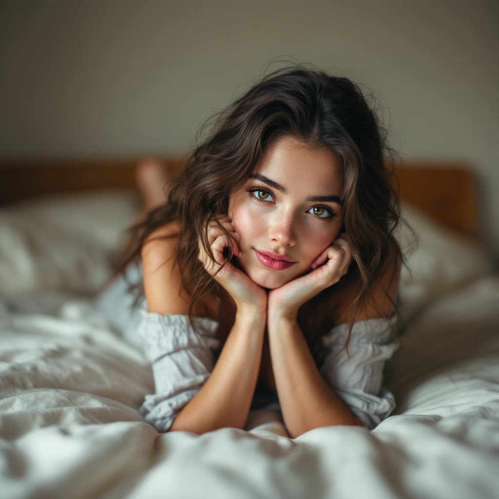 AI generated: girl laying on her bed on her stomach ,  facing viewer ,  rest of body showing , full body pose , re...