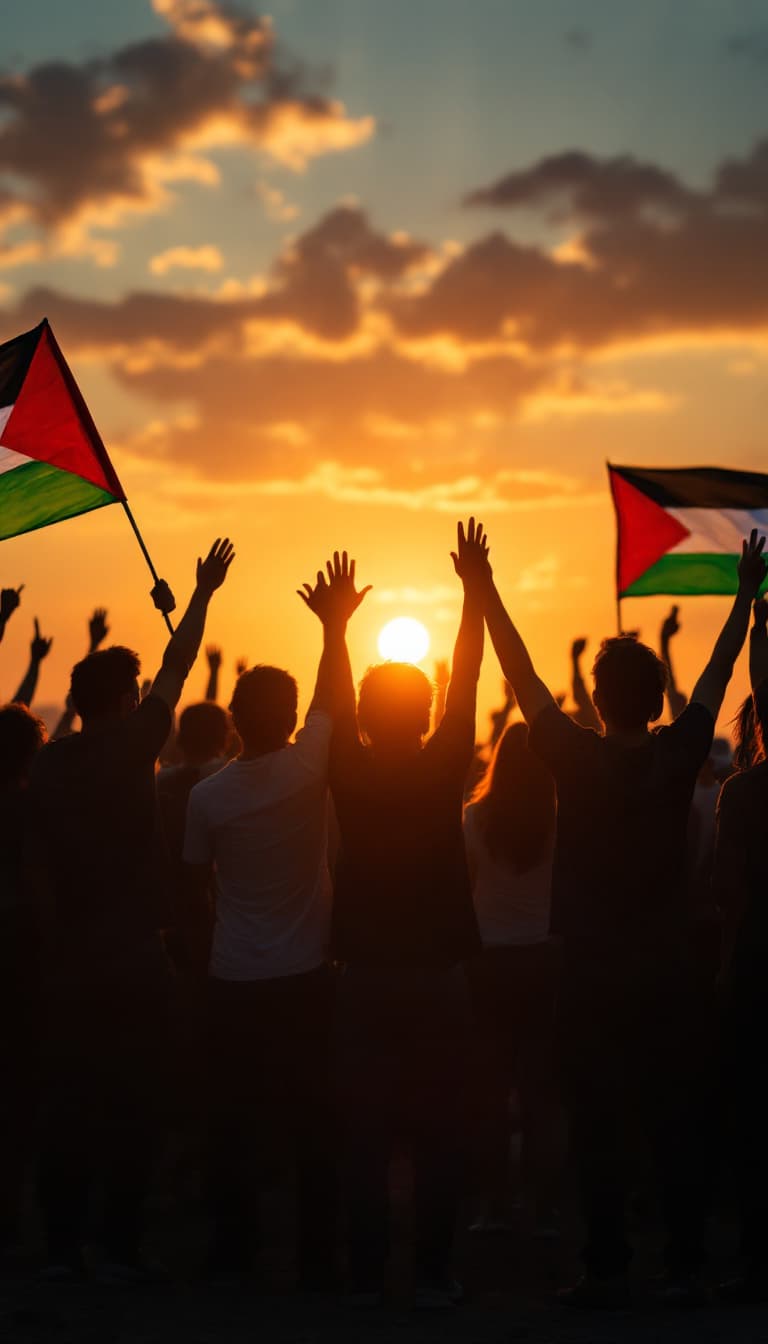 AI generated: Palestinian people standing together holding flags, hands raised, sunset in the background, hopeful ...