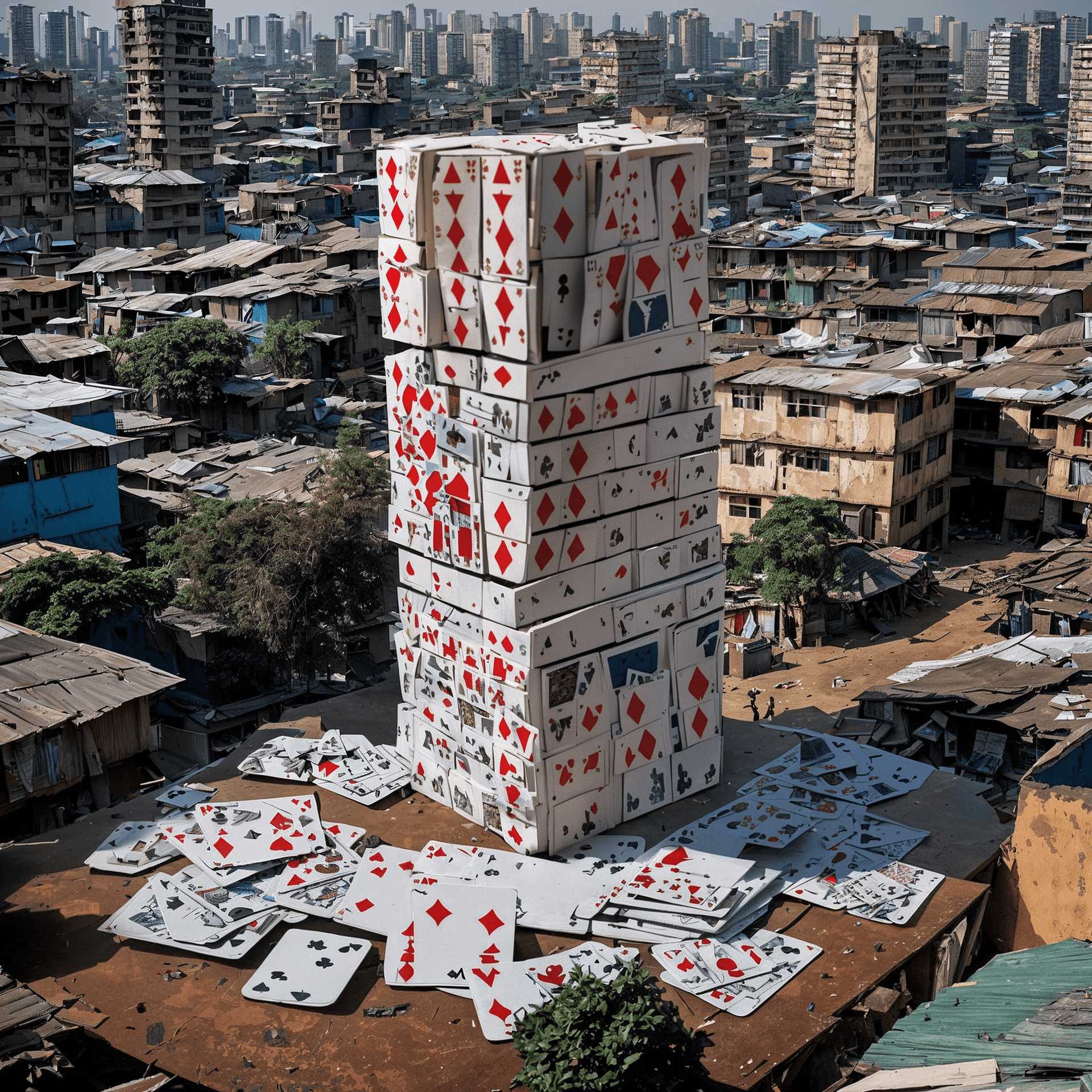 AI generated: skyscraper made of cards in the middle of cluttered district of nairobi slums ,((large building made...