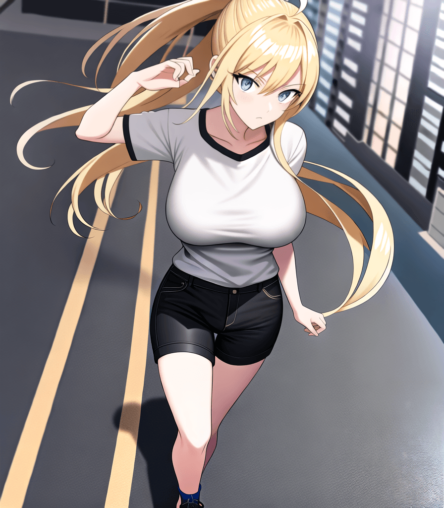 AI generated: (perfect anime illustration), 1girl, ponytail, ahoge, long blonde hair, huge breasts, cityscape, cit...