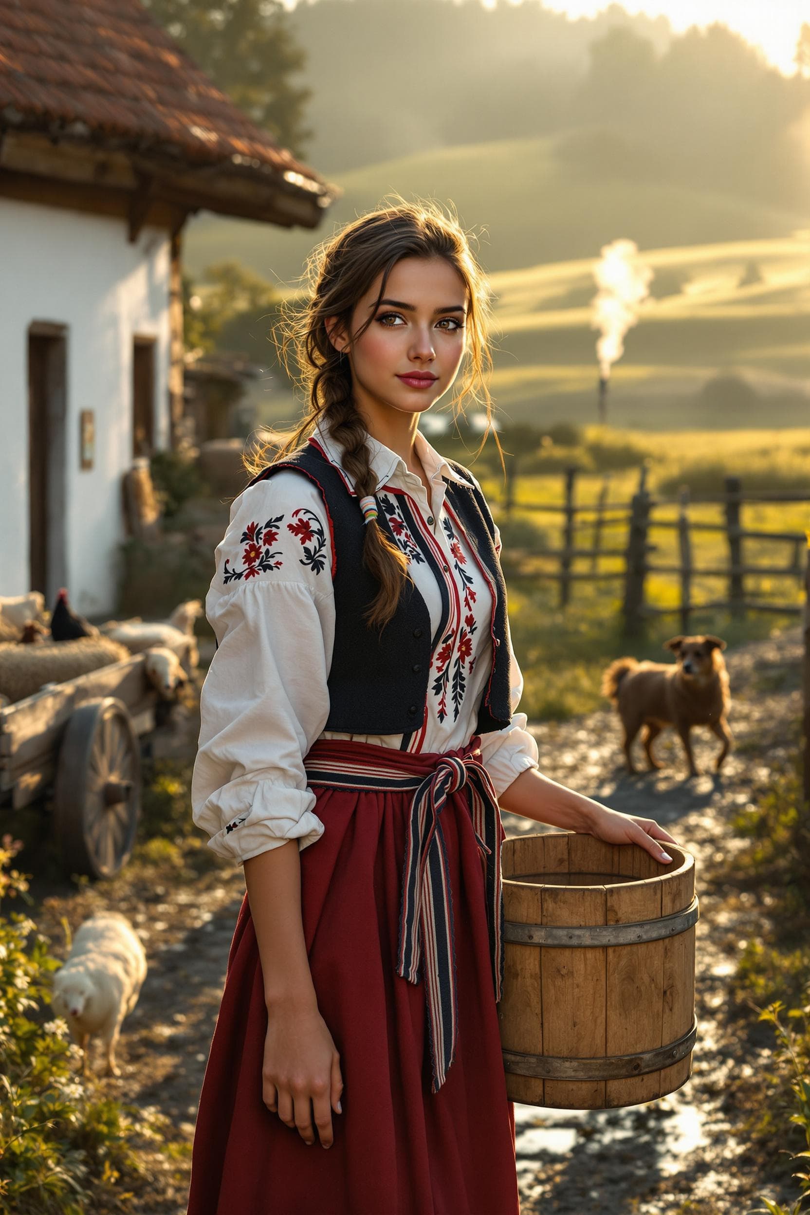 AI generated: Visual Focus: The farm girl is the focal point of the image, her youthful face glowing with the soft...