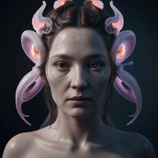 AI generated: Goddess close-up portrait ribcagel. jellyfish phoenix head, nautilus, orchid, skull, betta fish, bio...