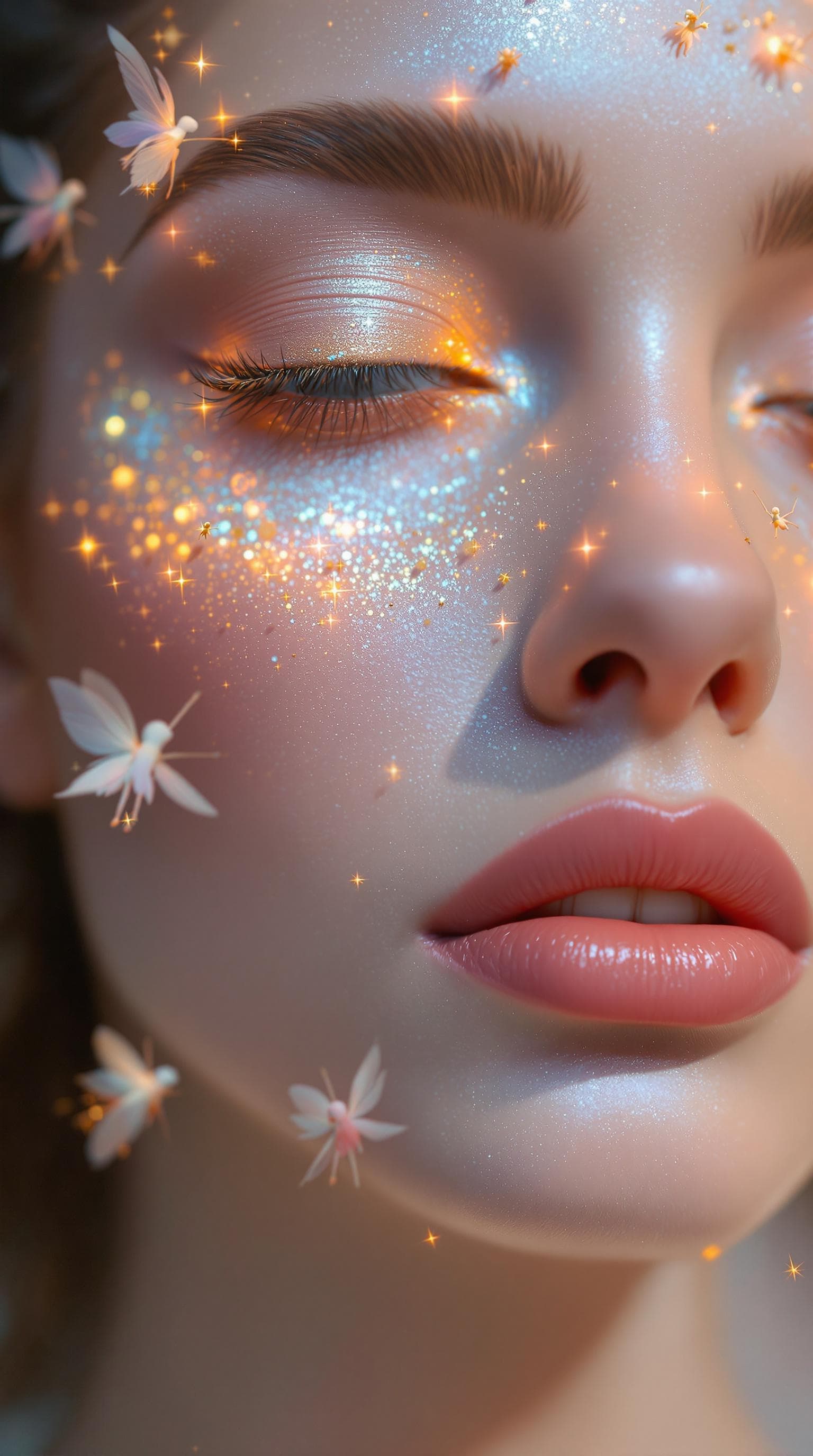 AI generated: A breathtaking close-up of a model with ethereal, glowing skin, while tiny magical beings (fairy-lik...