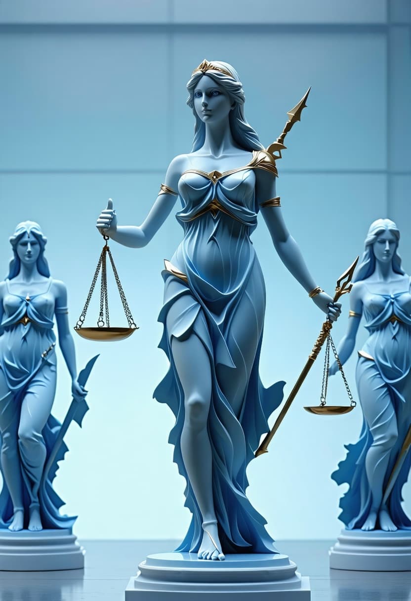 AI generated: Create a visual, show the six ladies together as one Justice for All emblem. Lady Justice for six di...