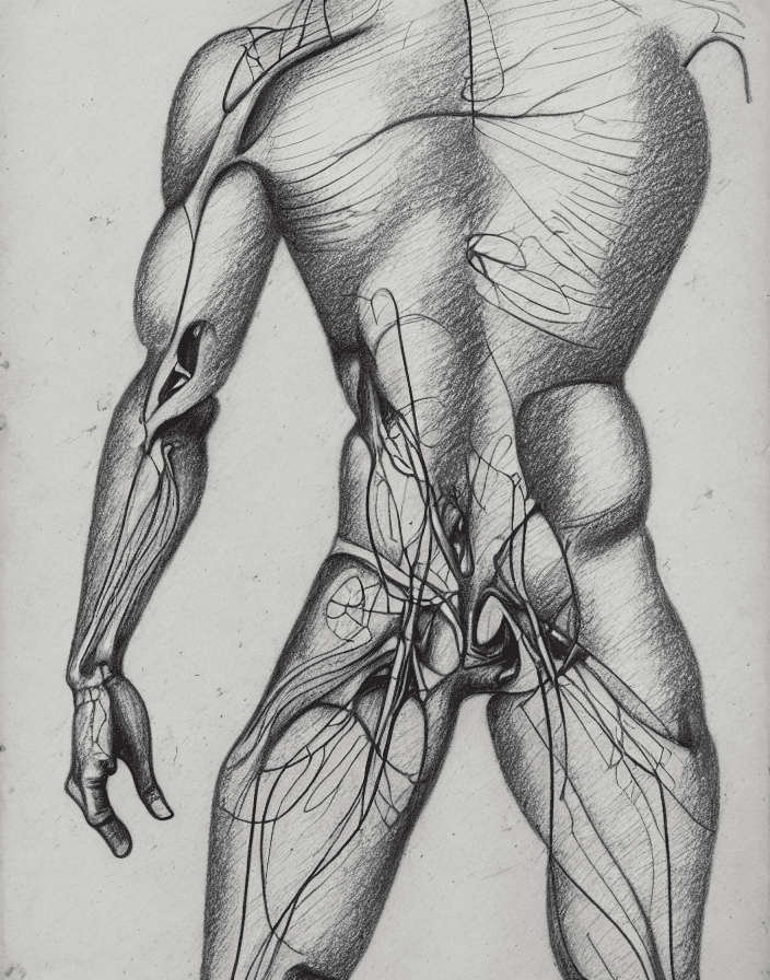AI generated: [(anatomical body):1], pencil drawing, trembling design, many cancellations, overhanging, drawn very...