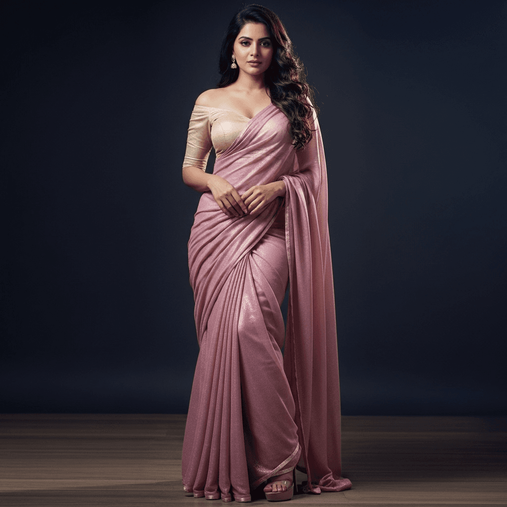 AI generated: busty fair indian in sexy transparent saree with off shoulder blouse and high heels showing navel