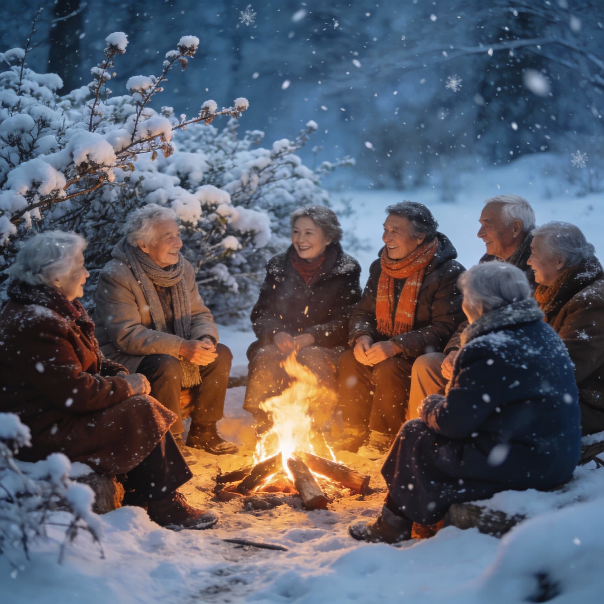 AI generated: Elderly people sit around a fire with snow all around and bushes covered in snow
