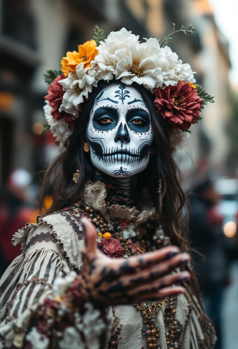 AI generated: woman participates in a Dias de los Muertos Parade in Mexico City, marzipan, surreal, weird