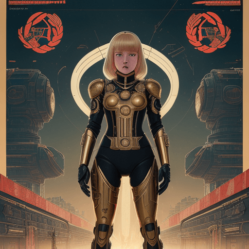 AI generated: young girl in a damaged futuristic suit (cyberpunk golden armor), style Soviet poster, USSR poster, ...