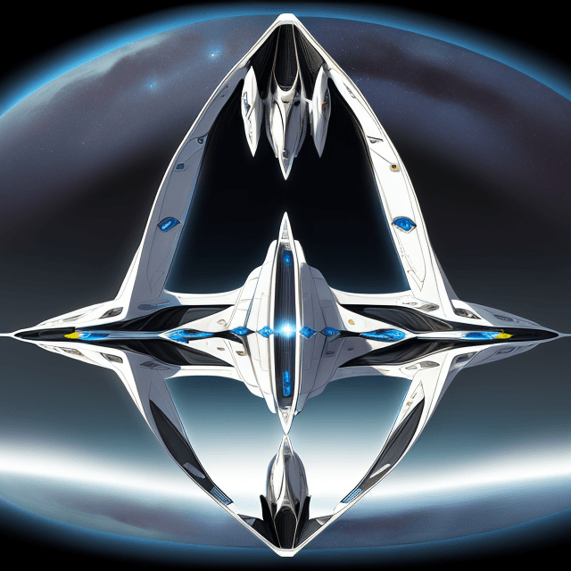 AI generated: A full view of an imaginative futuristic elongated spaceship with parabolic mirrors