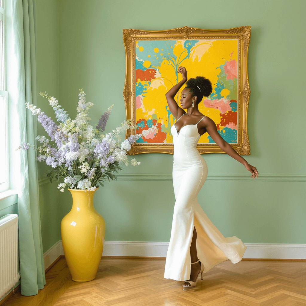 AI generated: framed in ornate gold on all 4 sides, A splash of bright colors in a room painted with pale green wi...