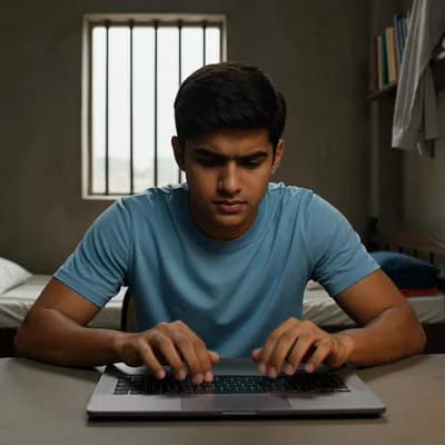 AI generated video: “Pakistani young man working hard on laptop in small room, editing videos and learning skills, trans...