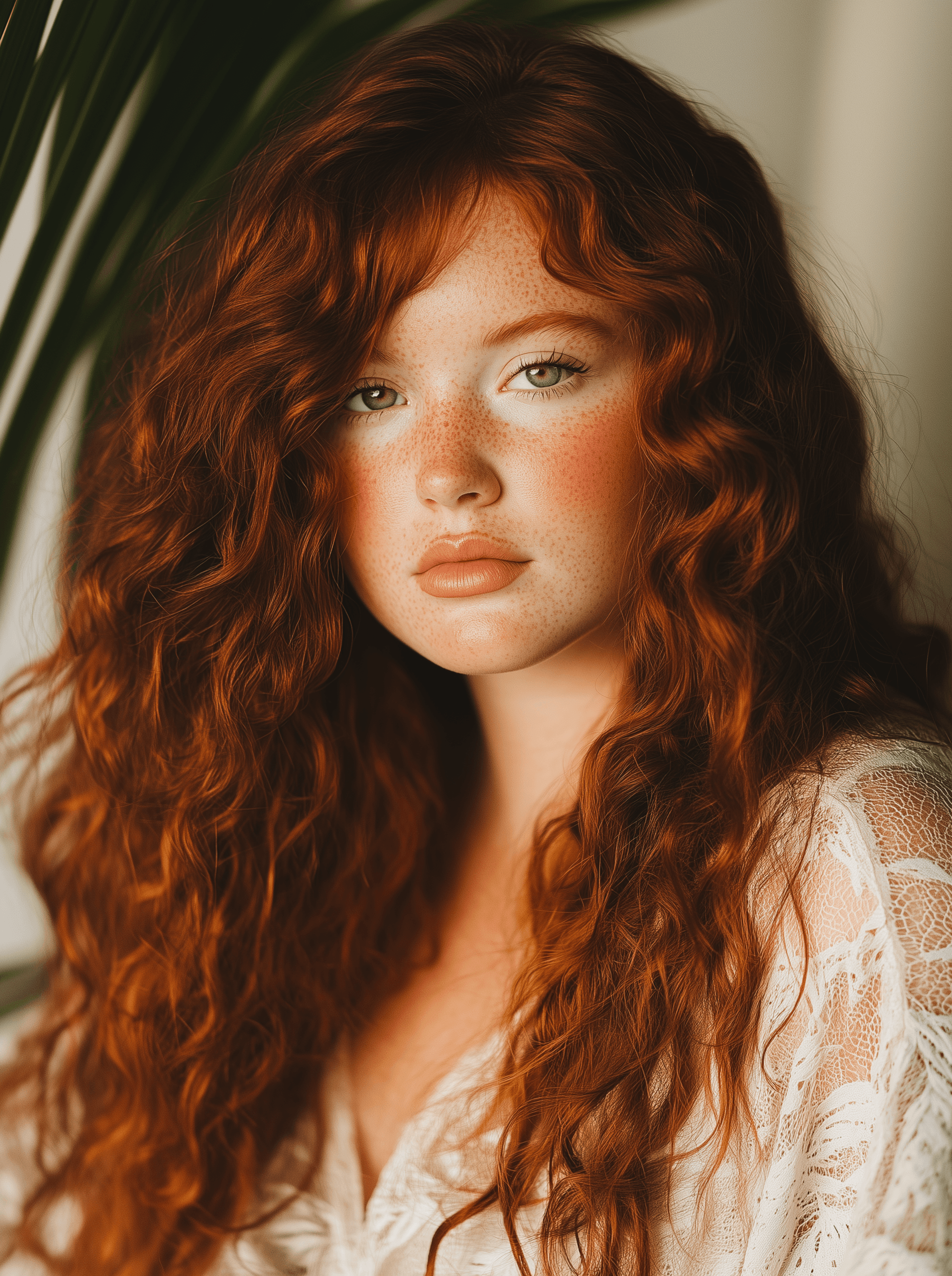 AI generated: A photo of a character with curly red hair and pale white skin, wearing green lipstick, in her late ...