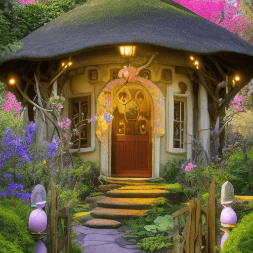 AI generated:  A whimsical fairytale house with a thatched roof and a round door. The house is located in a lush e...