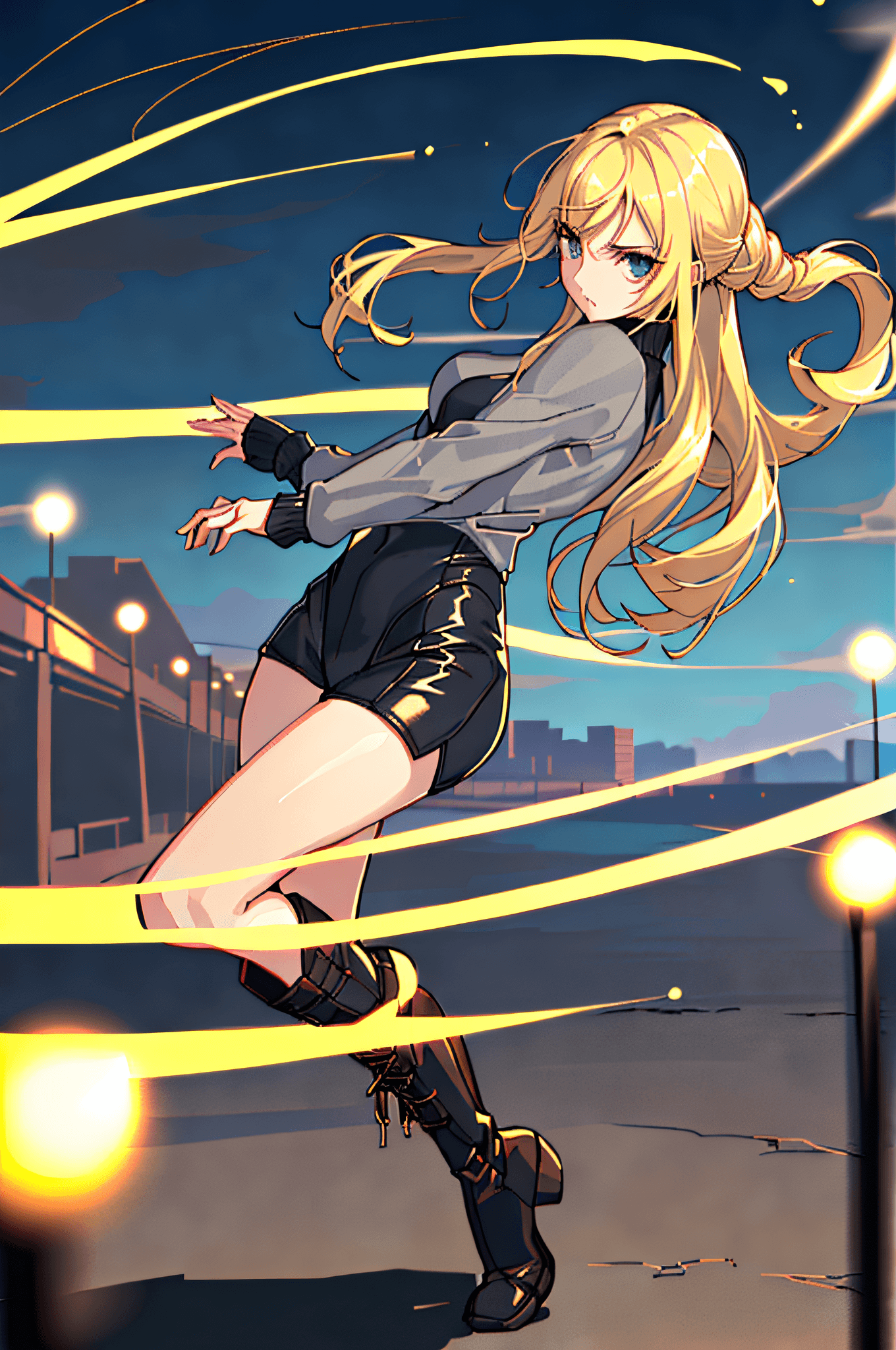 AI generated: masterpiece, best quality, agrias, grey sweater, black leotard, twirl, spin, blonde hair, superhero,...