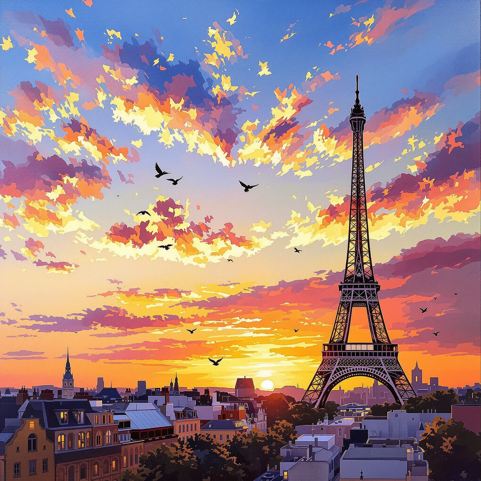 AI generated: impressionist painting on canvas of Paris, the Eifel tower in the background. Sunset, beautiful bird...