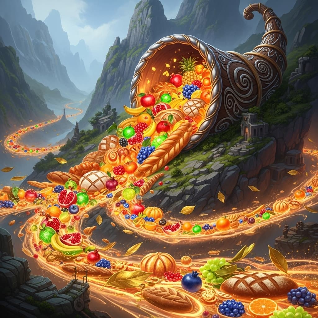 AI generated: The Cornucopia of Wonders — a magical horn of plenty overflowing with glowing fruit, bread, and gold...