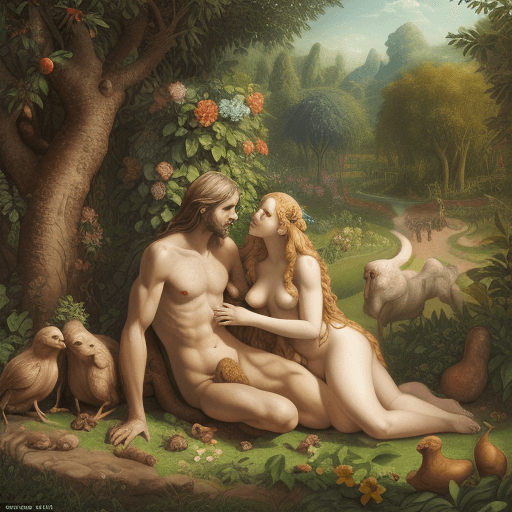 AI generated: In the photo Adam and Eve in the Garden of Eden colorful filled with animals, photorealizm, cinemati...
