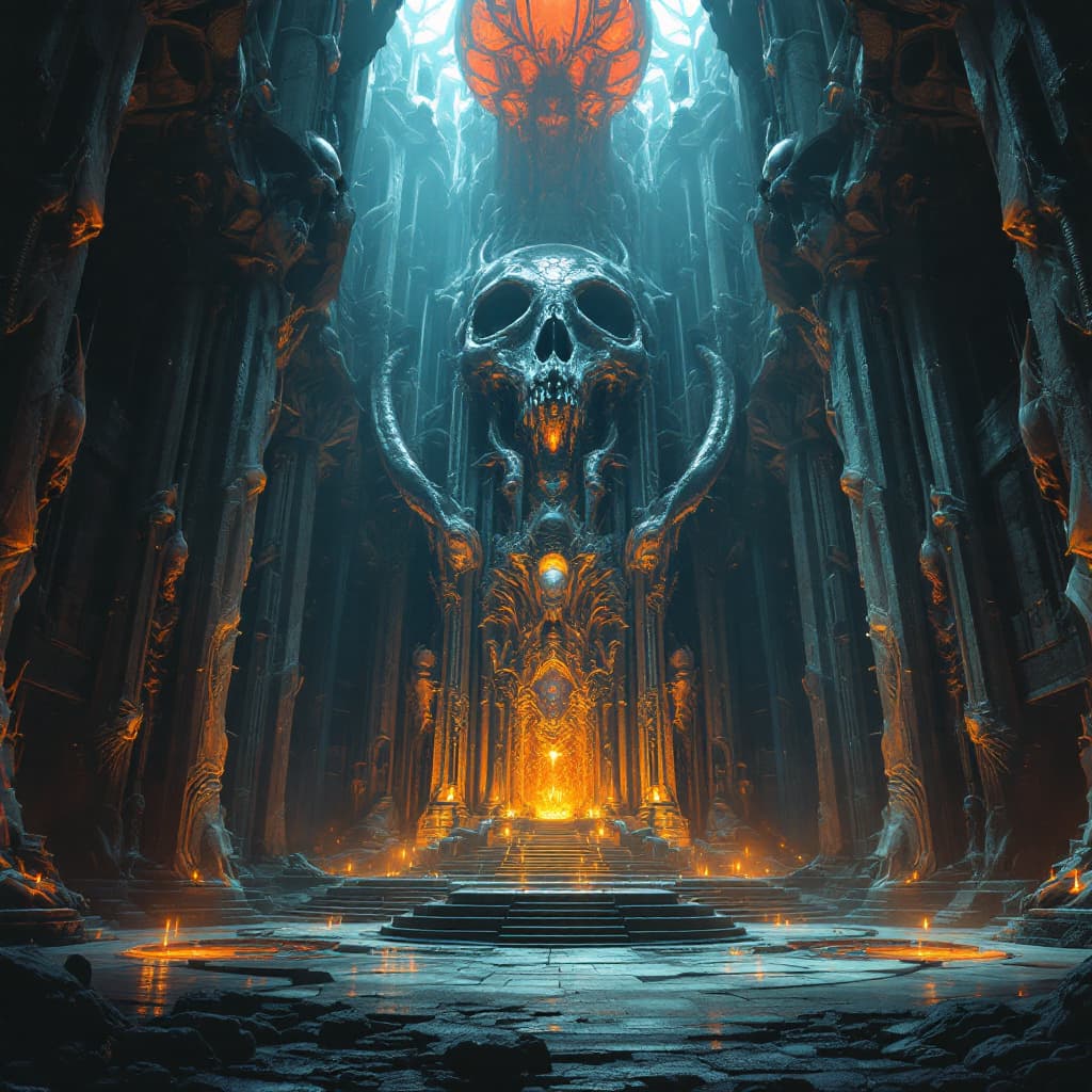 AI generated: A gigantic interior of a cathedral with an immense sense of space, walls filled with enormous skulls...