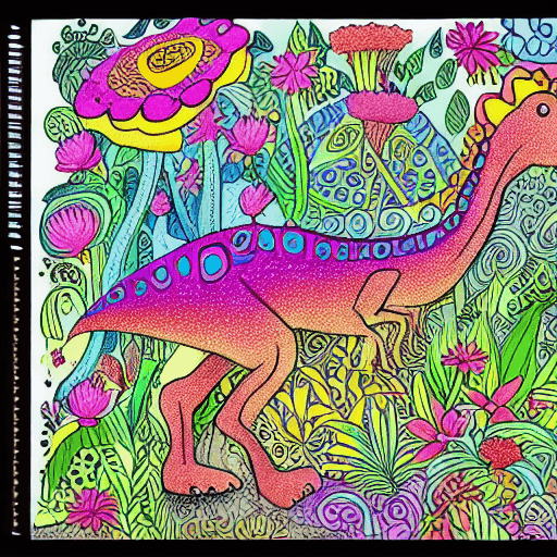 AI generated: very detailed drawing of a dinosaur which is surrounded by beautiful flowers and trippy mushrooms in...