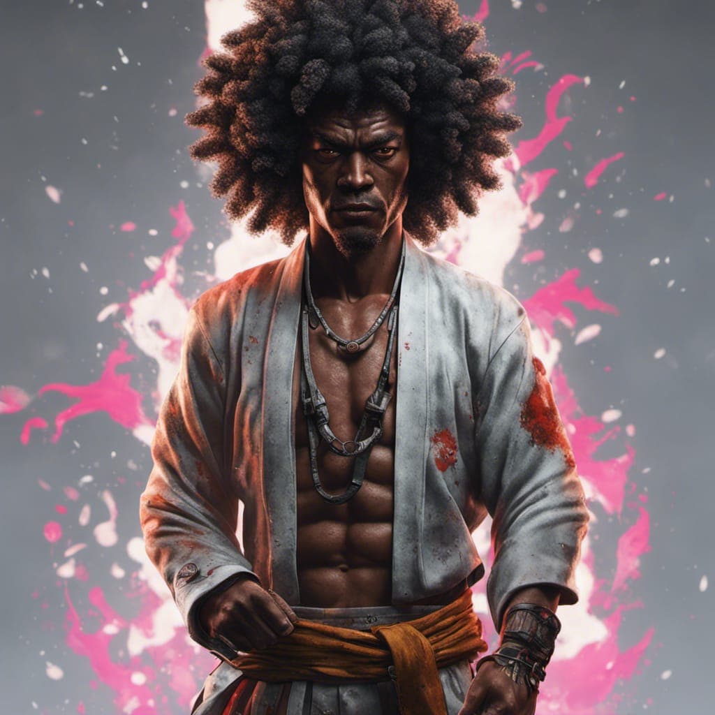 AI generated: Portrait of Afro Jack Samurai, glare pose, detailed, intricate, full of colour, cinematic lighting, ...