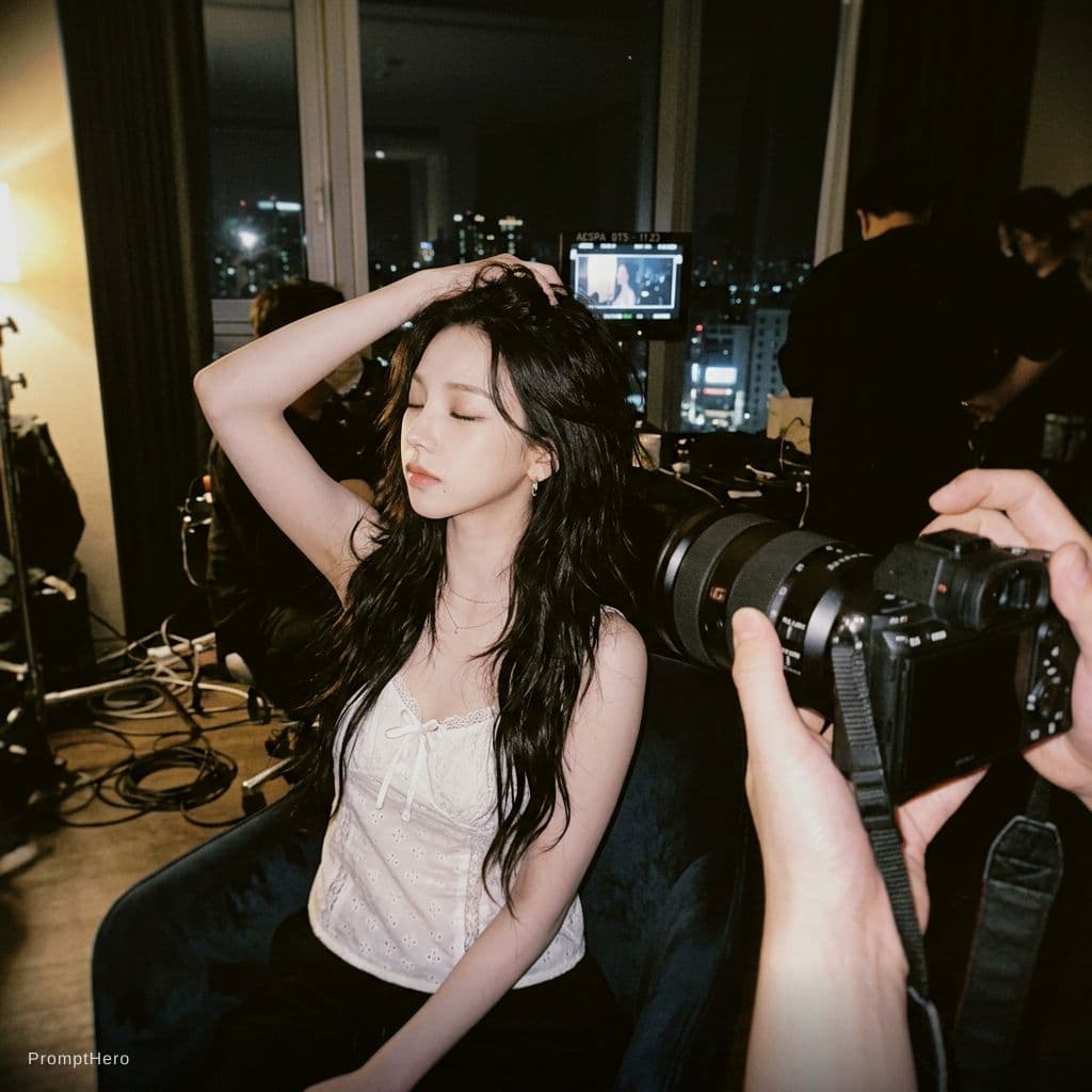 AI generated: Behind-the-scenes indoor photography at night, high-contrast. The subject is Karina from aespa, feat...