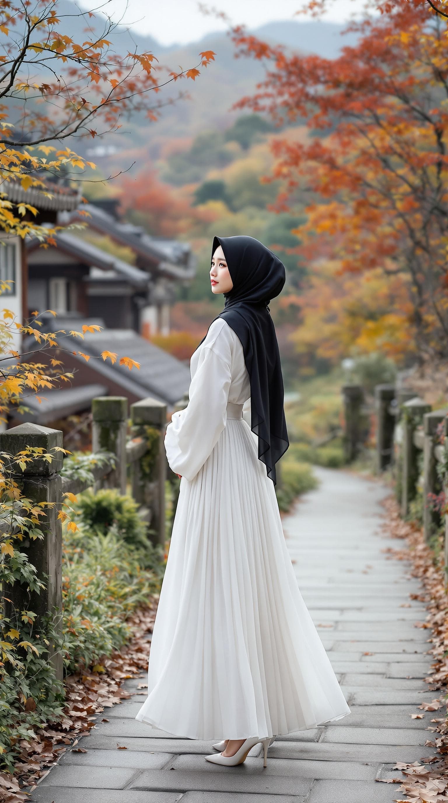 AI generated: realistic, japanese girl, beautiful girl, full body, ulzzang face, black hijab, wearing a white robe...
