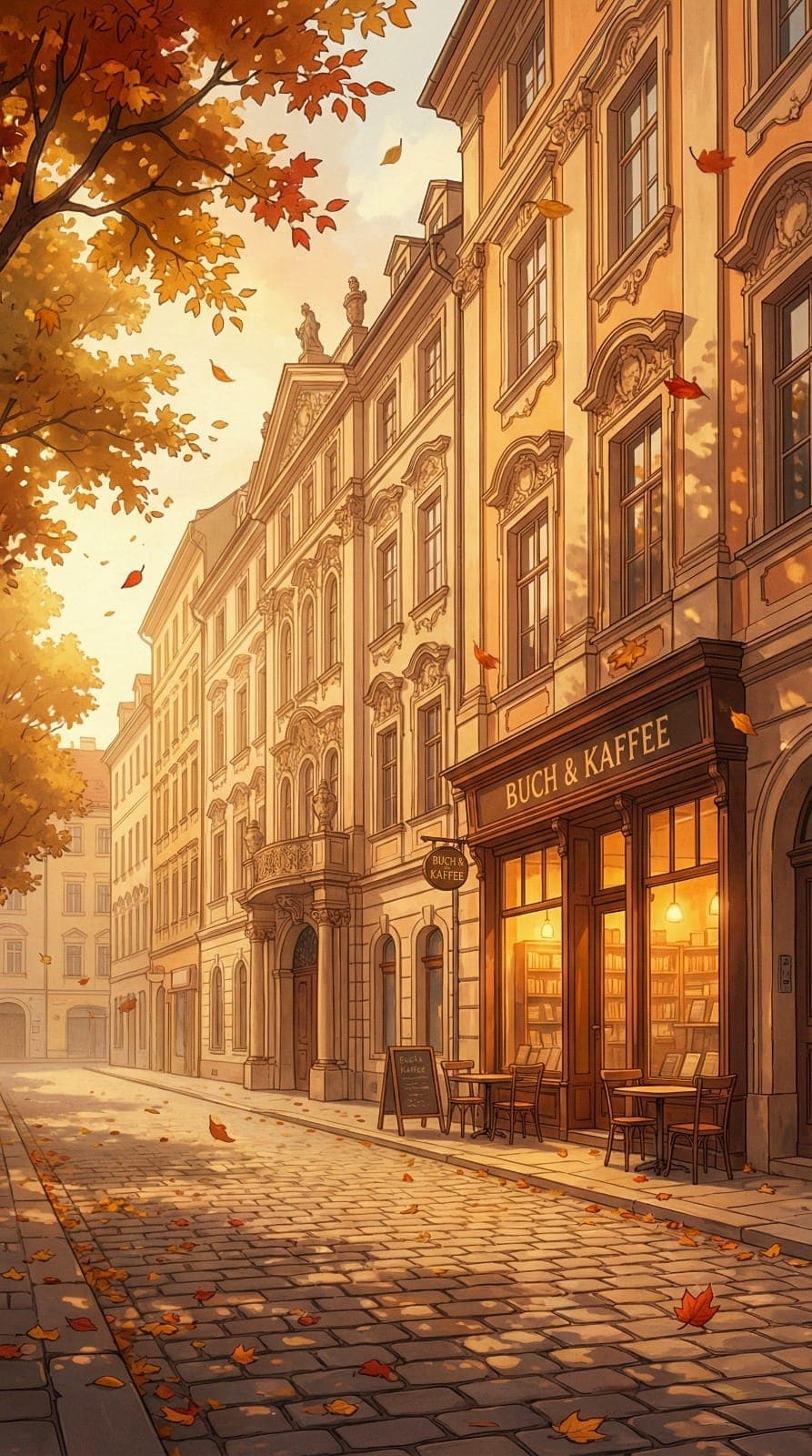 AI generated: Anime-style animated wallpaper of a quiet Vienna street in autumn. Golden leaves drift slowly throug...