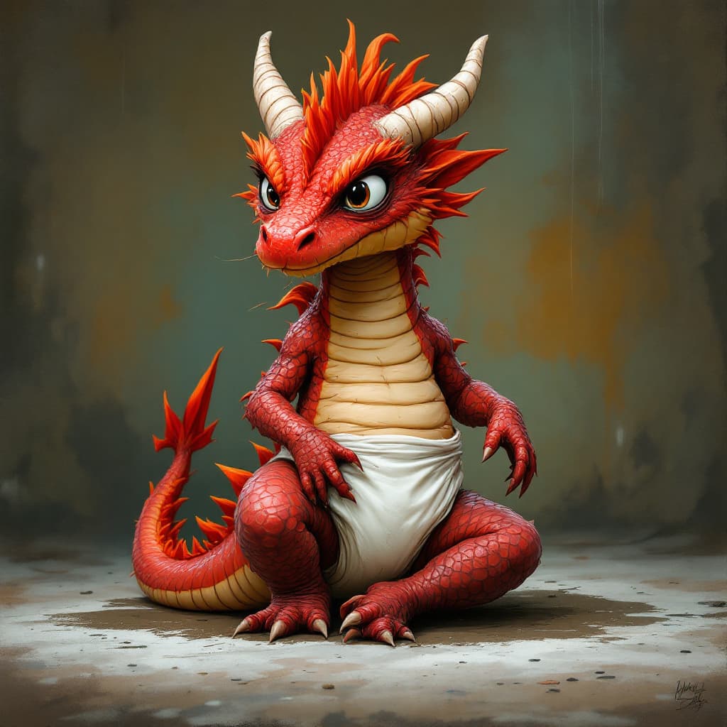 AI generated: A teenage arnthro red dragon in a pee and poop filed babyish disposable diaper that is very thick 