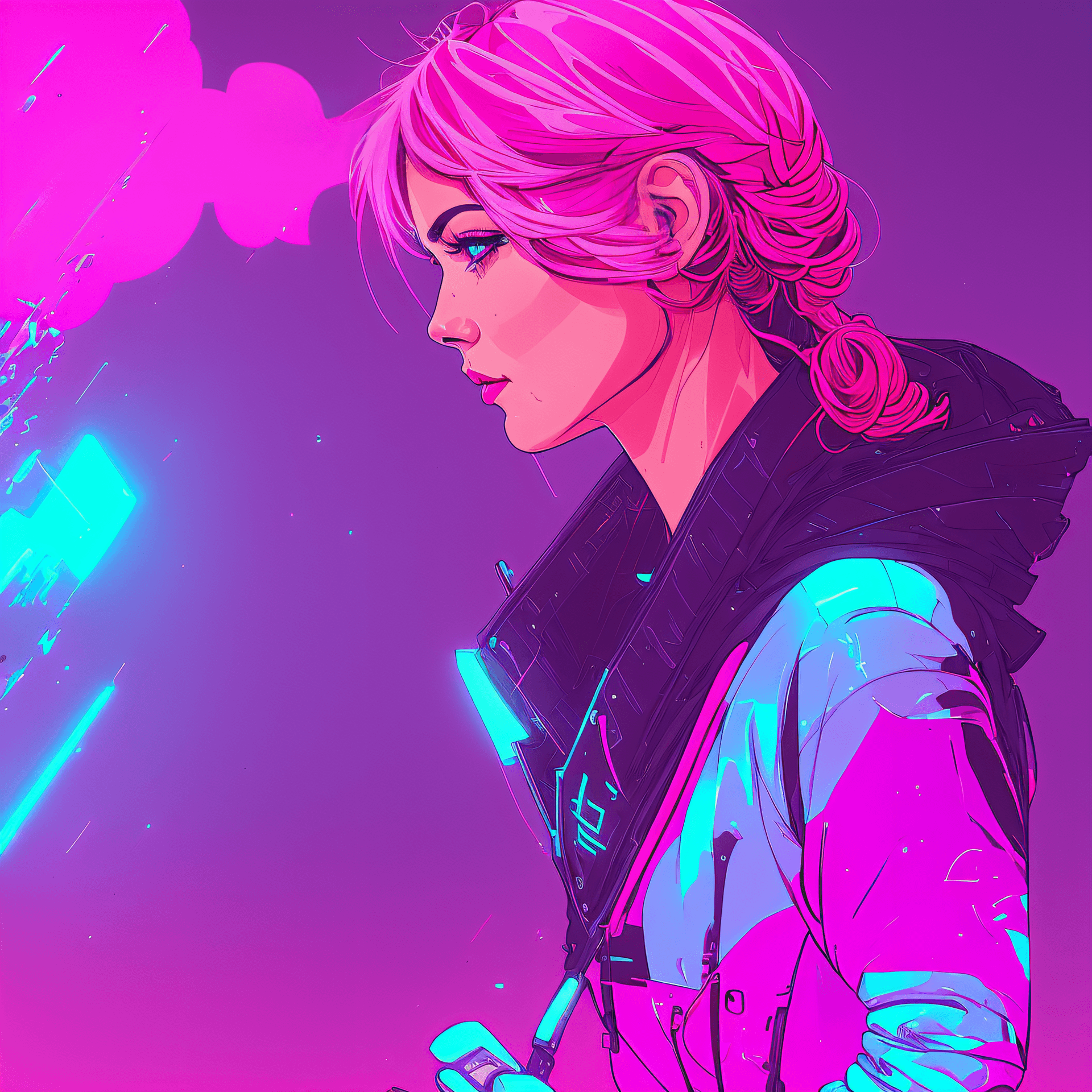 AI generated: a woman with pink hair and a pink arrow in her hand, jen bartel, inspired by Victor Mosquera, cyberp...