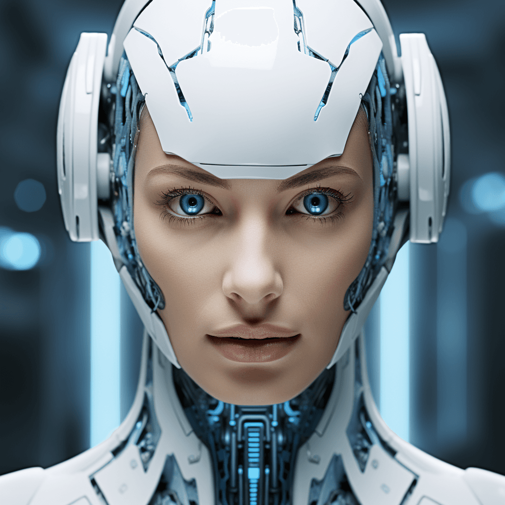 AI generated: AI Robot ,blue human eyes ,as avatar looking on camera