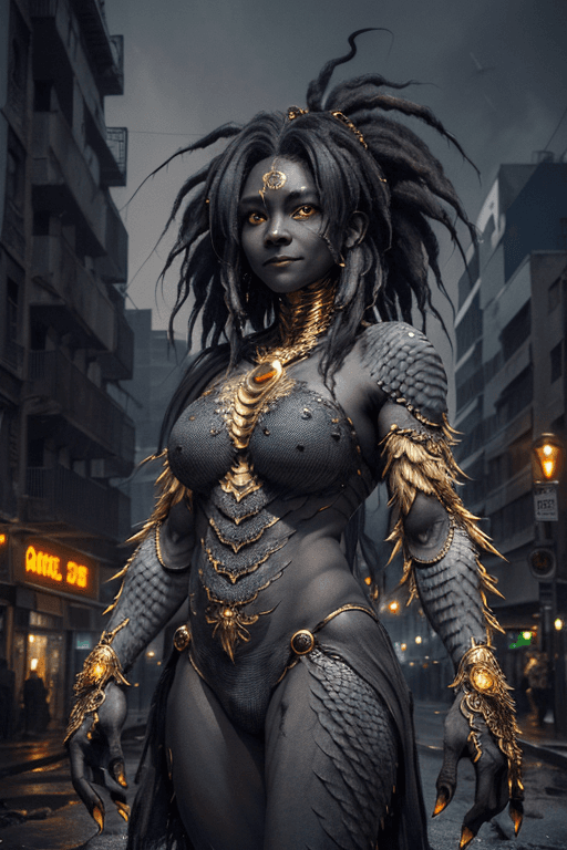 AI generated: a humanoid female monster with human traits. smiling, golden glowing eyes, (((unkempt dirty hair))),...