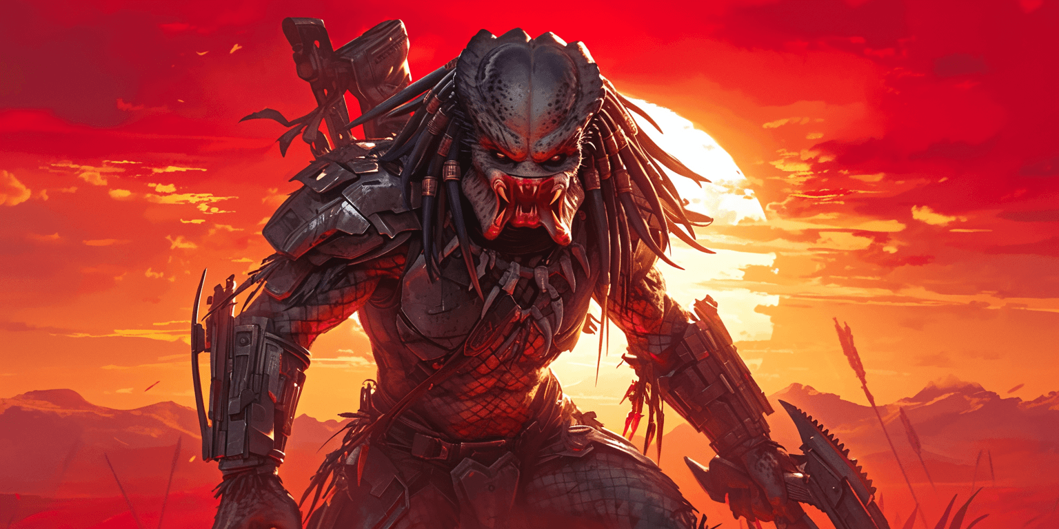AI generated: Action photography of the Predator from John McTiernan's movie, posing ready to fight with sunset gr...
