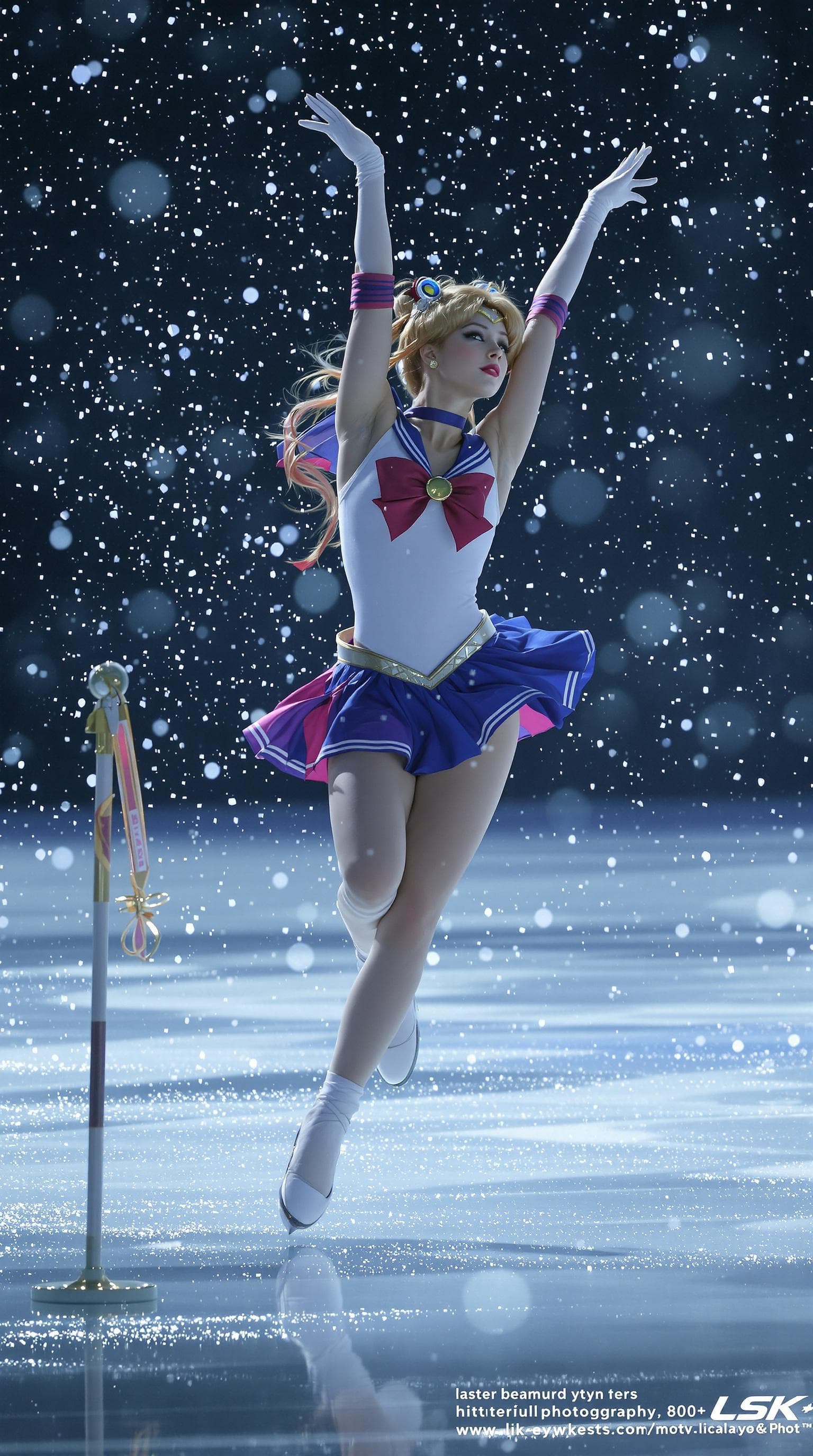 AI generated: Full length shot (FLS) of Sailor Moon ice dance,  beautiful face, captured with master-level photogr...
