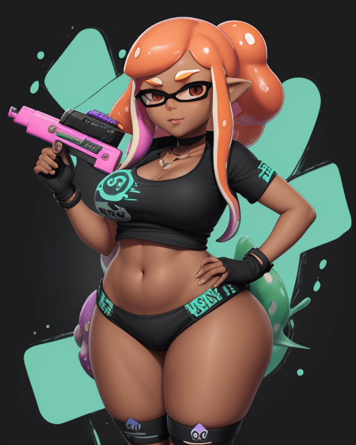 AI generated: Splatoon, inkling, goddess, high tech, thick thighs, large chest, dark skin