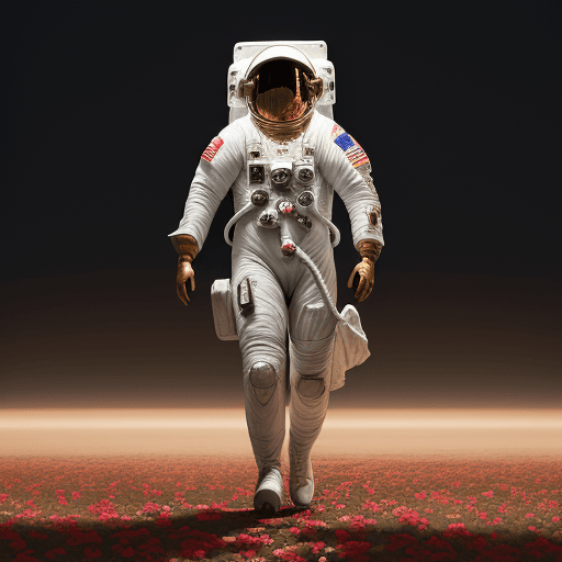 AI generated: an astronaut wearing a helmet painted, Walking on blooming roses, full body, militaristic realism, h...