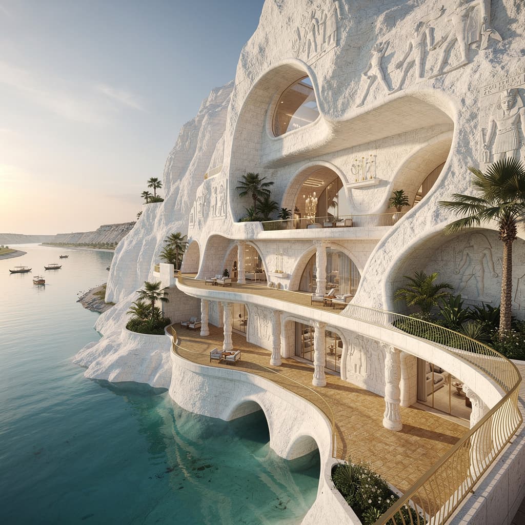 AI generated: A luxurious hotel carved inside a white mountain, blending ancient historical elements with natural ...